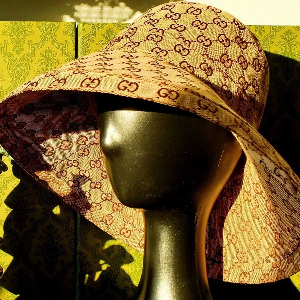 Gucci GG Monogram Bucket Hat Wide Brim Beige Tan Canvas Jacquard Sun Coverage - Picture 13 of 16
